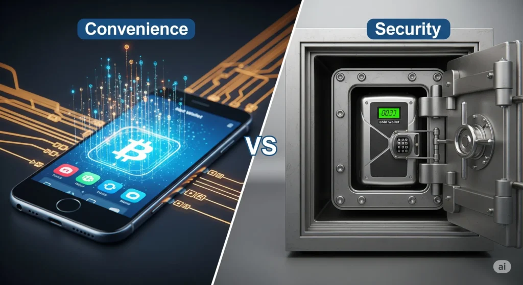 An illustration showing the difference between hot vs cold crypto wallets, with a hot wallet on a phone and a cold wallet as a physical device.
